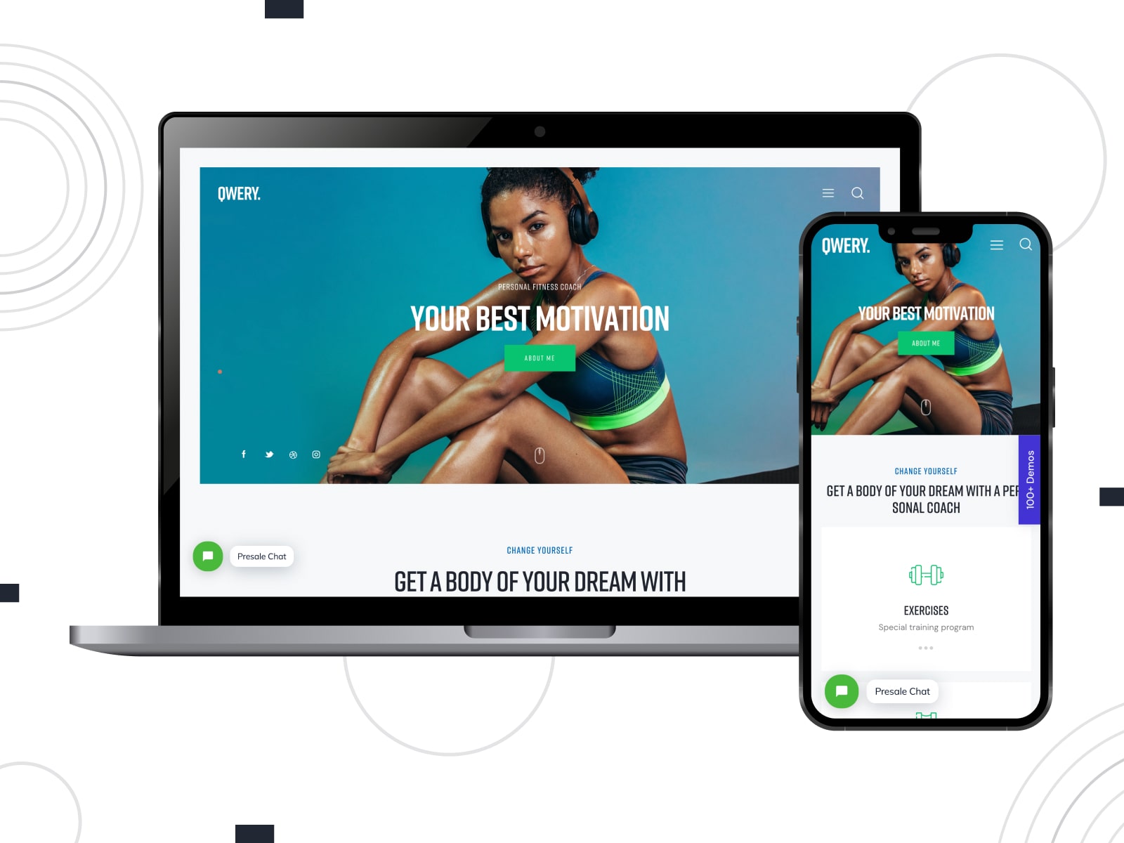 Collage of the Qwery fitness trainer gym template on mobile and desktop screens.