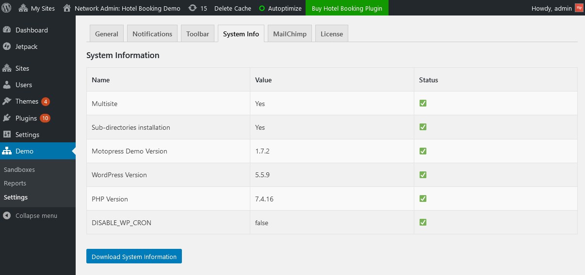 system settings demo builder for wordpress