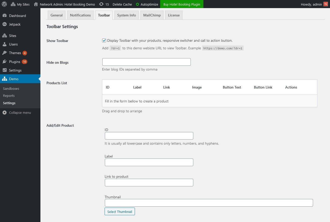 toolbar wordpress demo builder customization