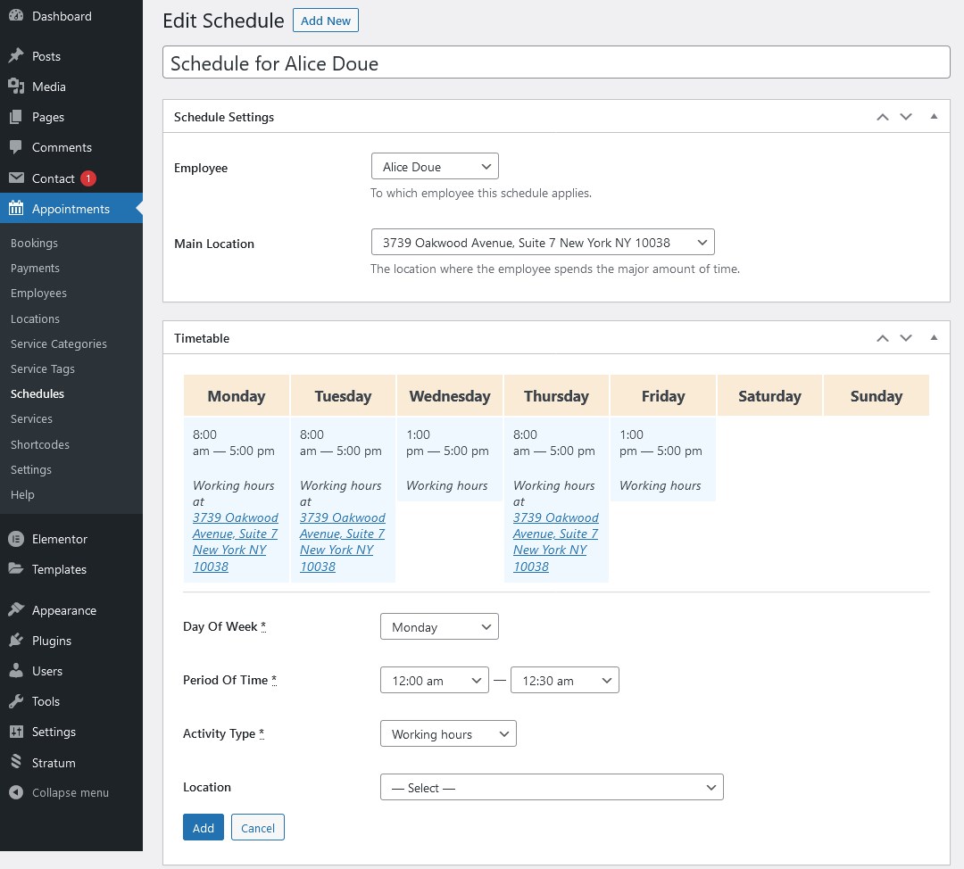 working schedule