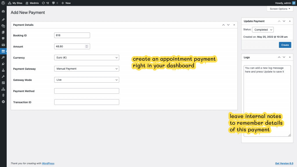 wordpress appointment booking add new payment