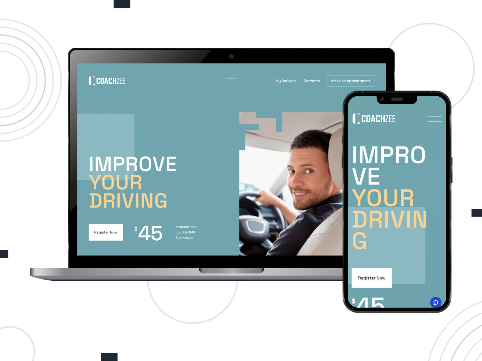 Snapshot of Coachzee - light, crisp, among the superior driving school WordPress themes, this one features, integrated test preparation tools and resources for students, in sienna, dim gray, and cadet blue color mix.