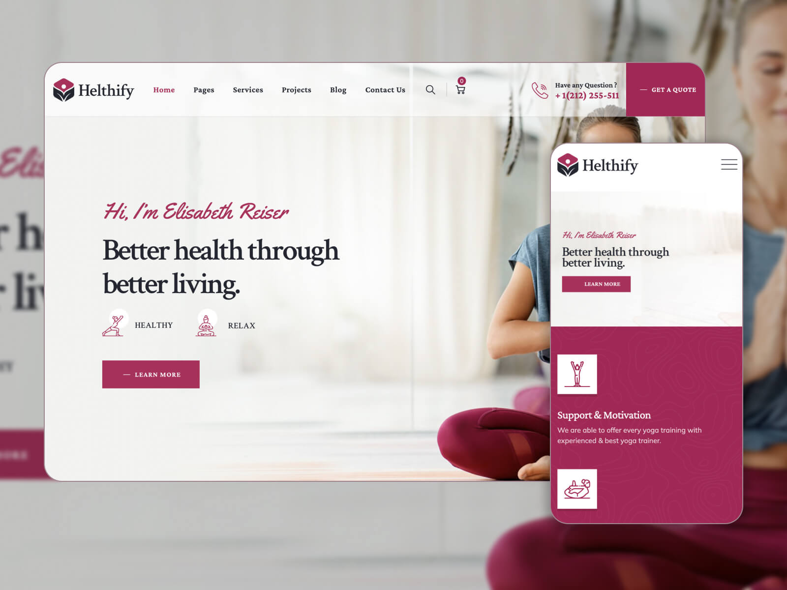 Photo of Helthify - secure and balanced yoga website template in maroon, silver, gray, whitesmoke, and brown color gradation