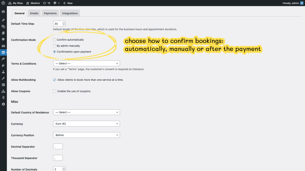 wordpress appointment booking general settings