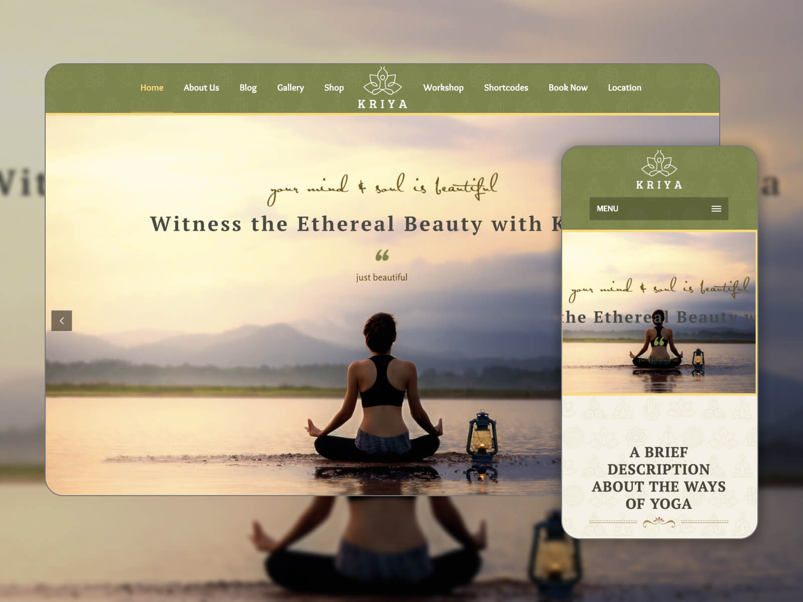 Picture of Kriya - versatile layout yoga WP theme for diverse needs in darkslategray, black, gray, tan, and blanchedalmond color palette