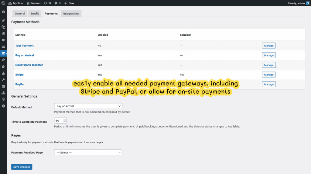 wordpress appointment booking payments settings