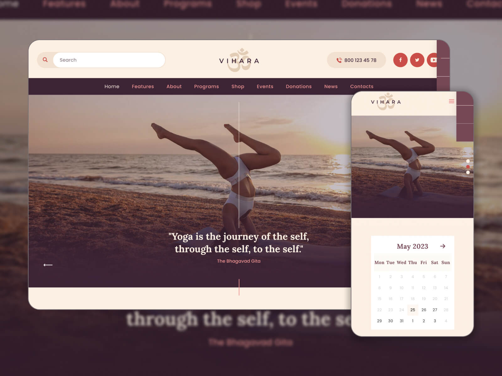 Picture of Vihara - mobile-friendly WordPress theme for yoga websites in darkslategray, linen, dimgray, gray, and darkgray color array