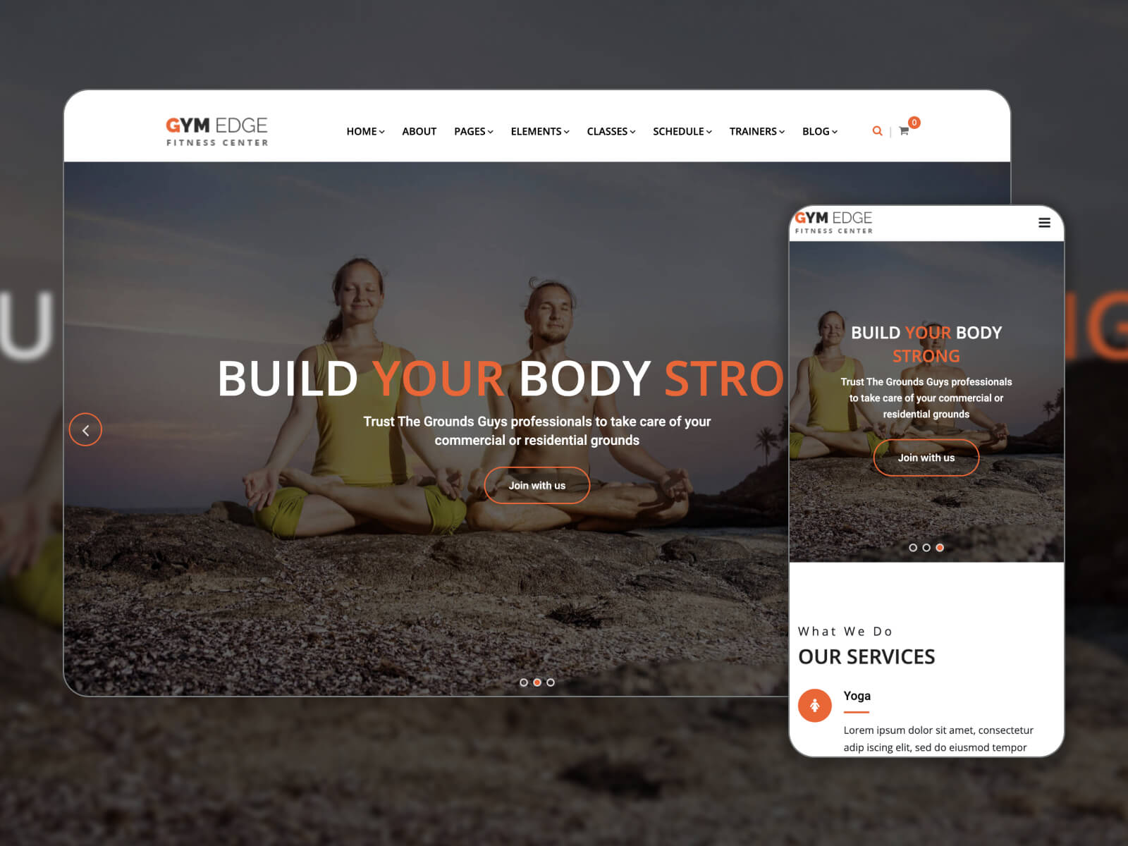 Image of Gym Edge - functional and peaceful WordPress theme for yoga centers in darkslategray, gray, white, and black color combination