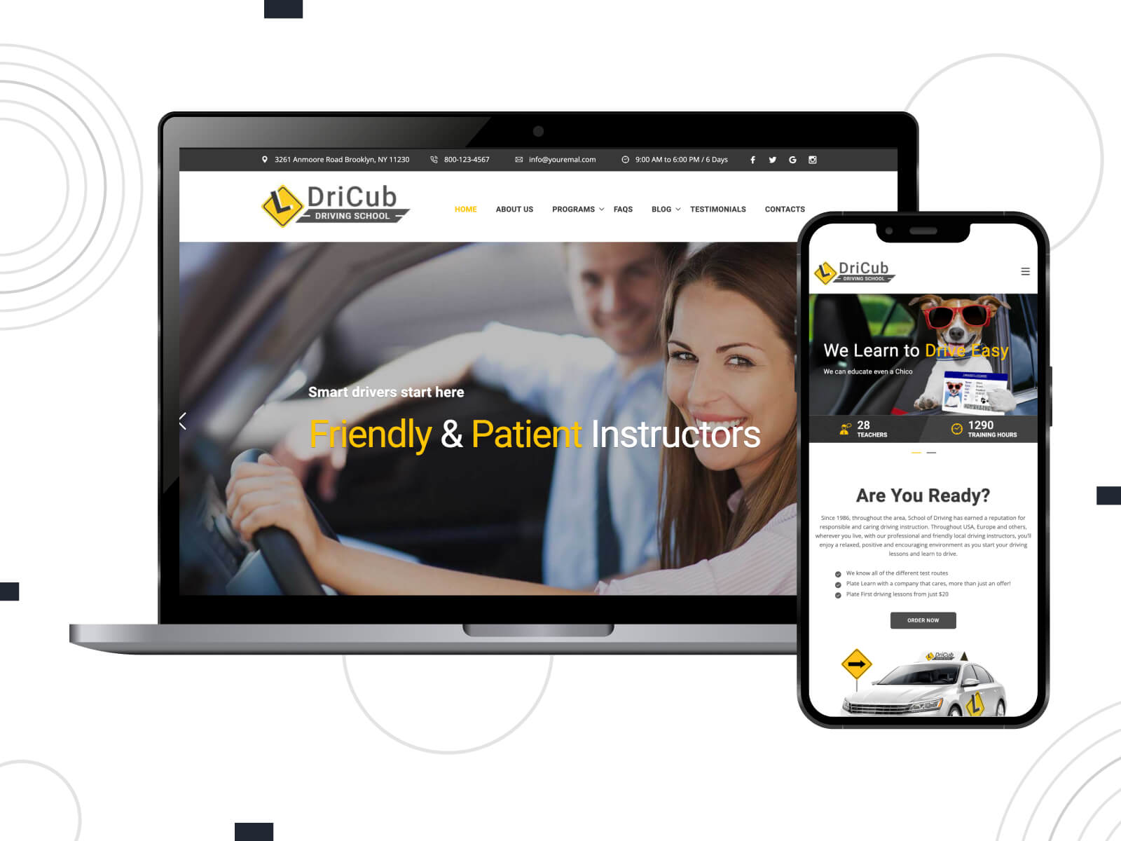 Screenshot of DriCub - light, inviting, touted as one of the best driving school WordPress themes for its SEO-optimized structure, enhancing the school's online presence, in gray, dark gray, and silver color gradation.