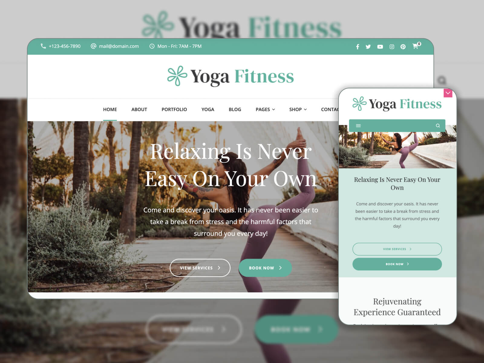 Collage of Yoga Fitness - responsive yoga WordPress template in darkslategray, darkseagreen, dimgray, lightgray, and white color mix