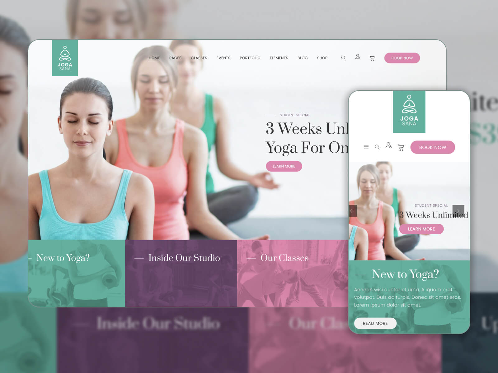 Snapshot of Jogasana - responsive design yoga website template for WordPress in darkslategray, cadetblue, silver, whitesmoke, and rosybrown color mix
