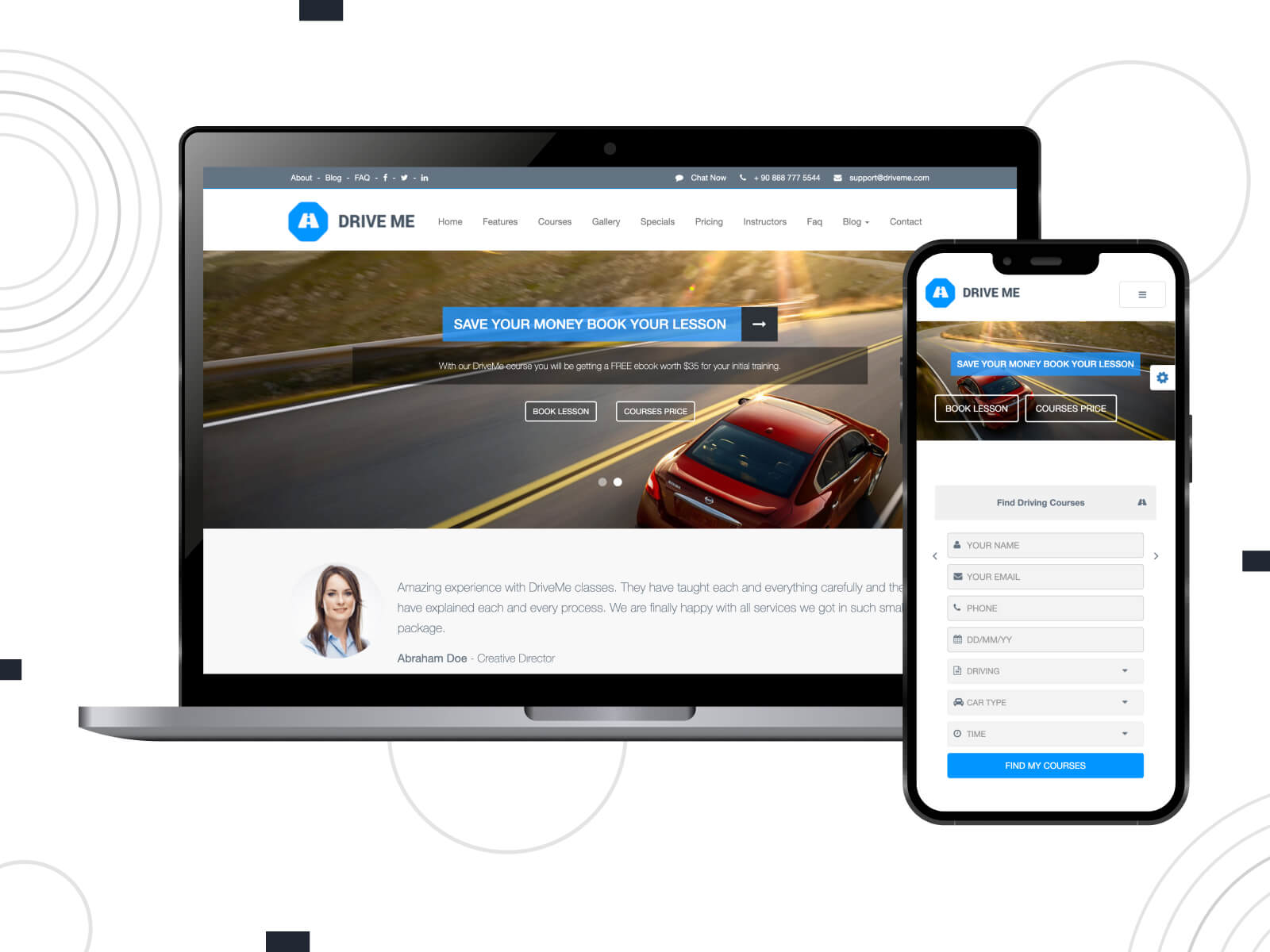 Picture of Driveme - bright, inviting, known for its high customization options, this theme is rated as one of the top driving school WordPress themes for personalized site designs, in corn flowerblue, gray, and dark olive green color palette.