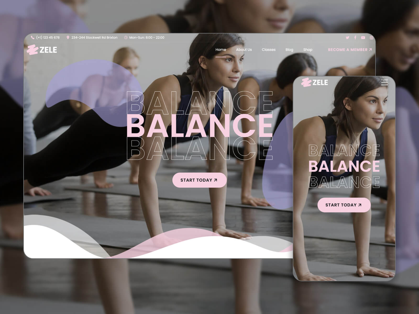 Screenshot of Zele - sleek and professional WordPress theme for yoga studios in darkslategray, linen, black, gray, and darkgray color combination
