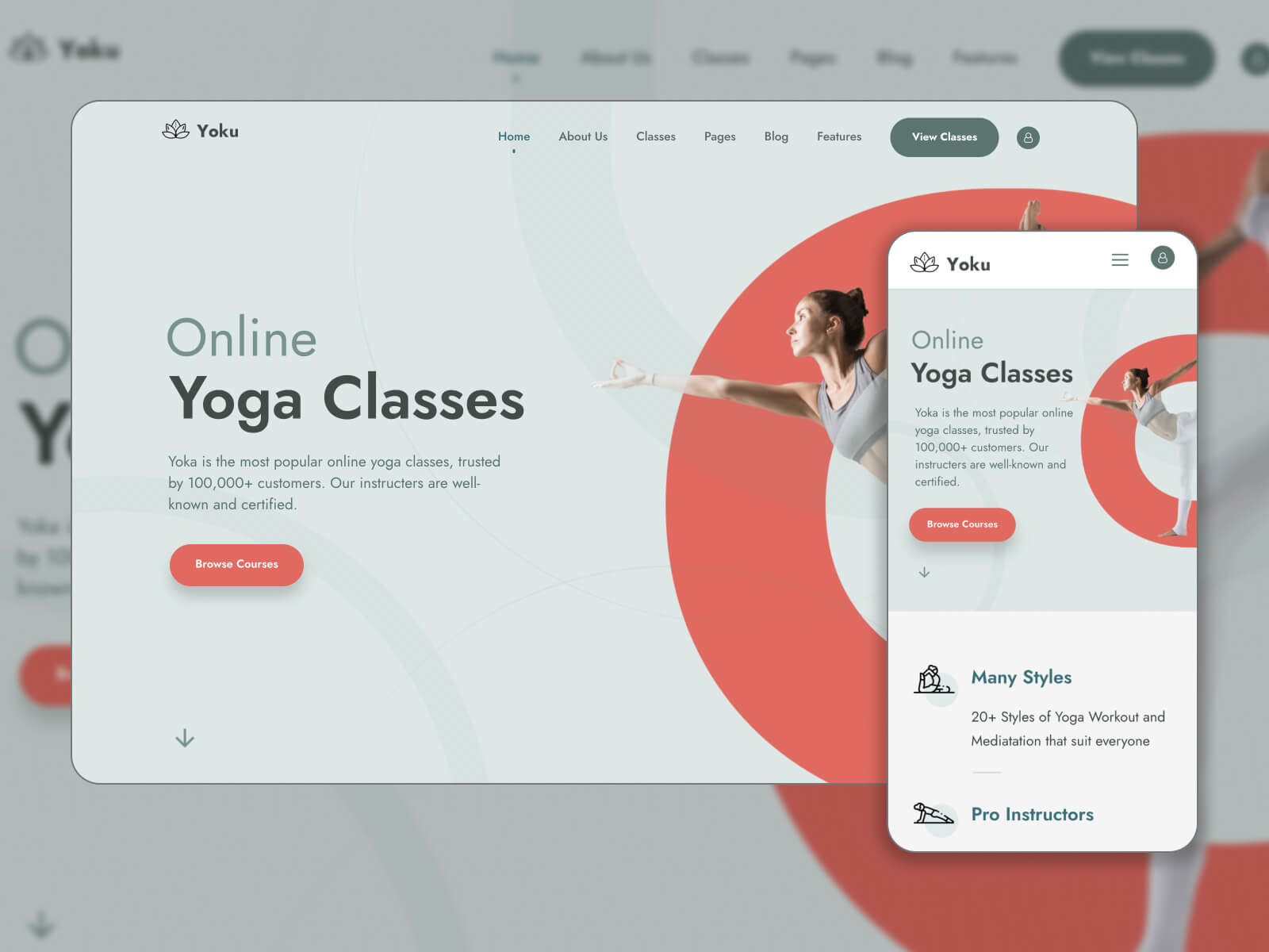 Snapshot of Yoku - customizable yoga website template in indianred, darkgray, dimgray, and gainsboro color array