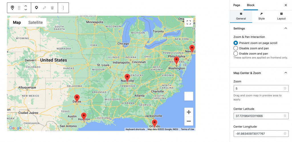 General Settings of Getwid Google Maps block