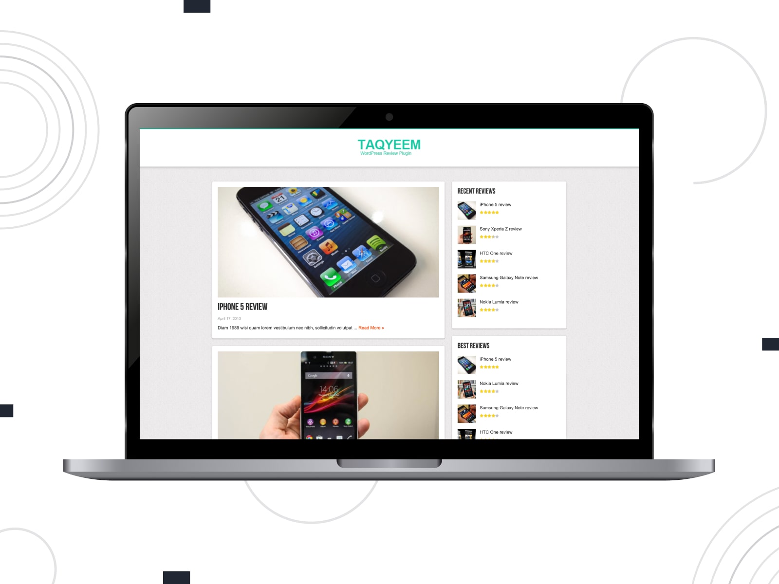 Collage of the premium review Taqyeem WordPress plugin demo page on the desktop screen.