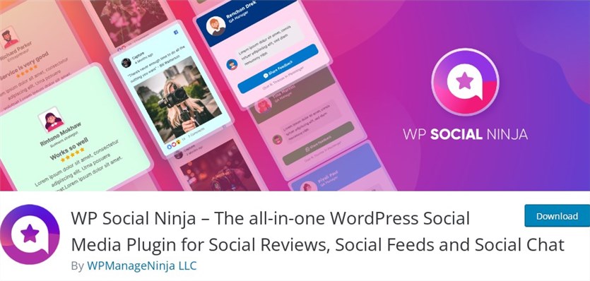 WP Social Ninja WordPress plugin image with reviews and social chats in the violet color.