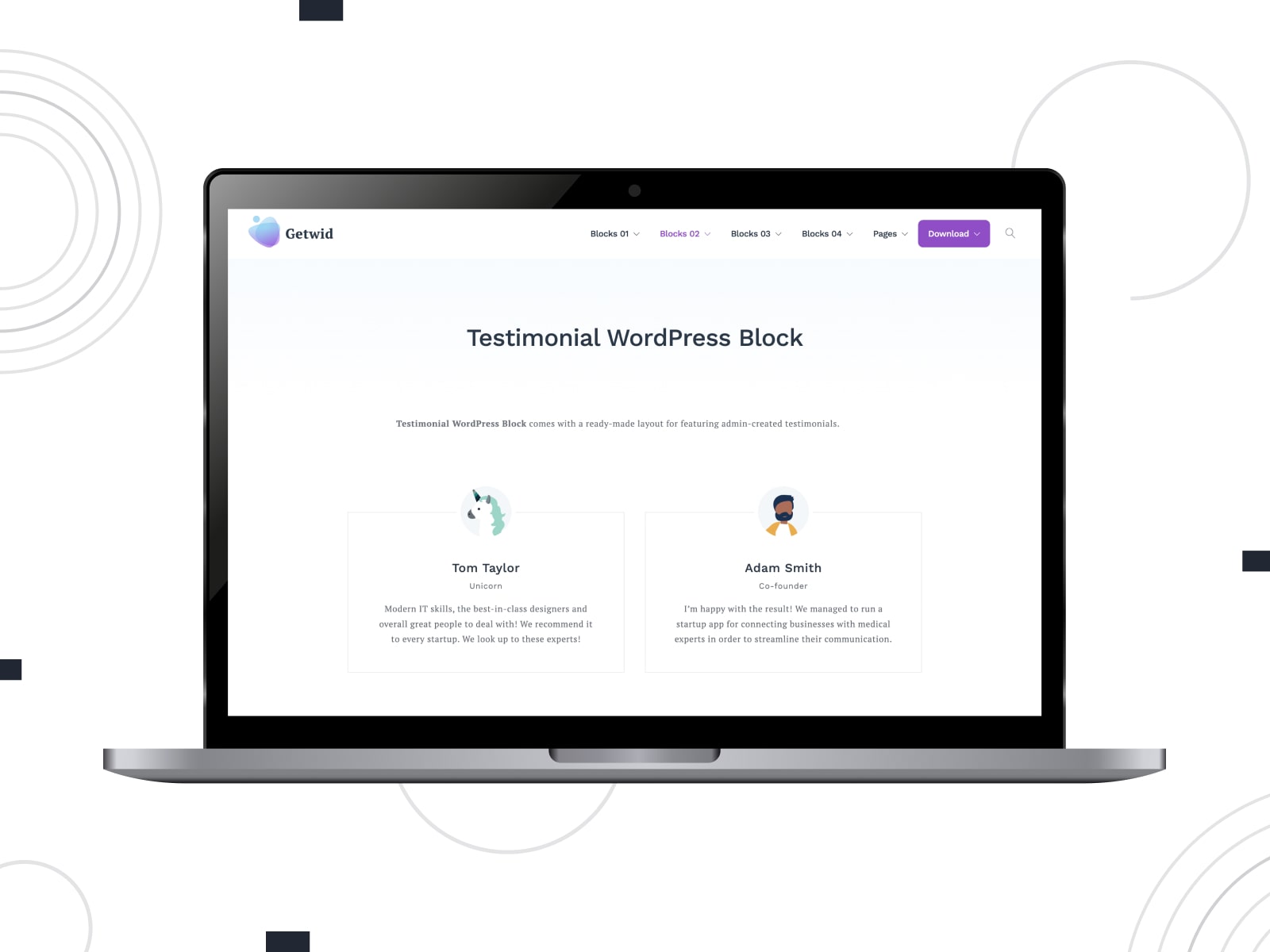 Collage of the Getwid free Testimonial WordPress block for review page on the desktop screen.