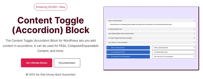 Screenshot of the Ultimate Blocks accordion block demo page.