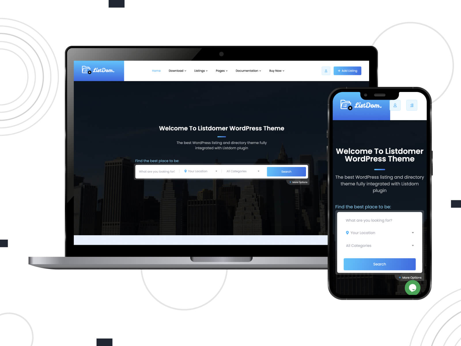 Image of Listdomer - dim, crisp, comprehensive WordPress theme for online directories with multi-language support in corn flowerblue, and royal blue color scheme.