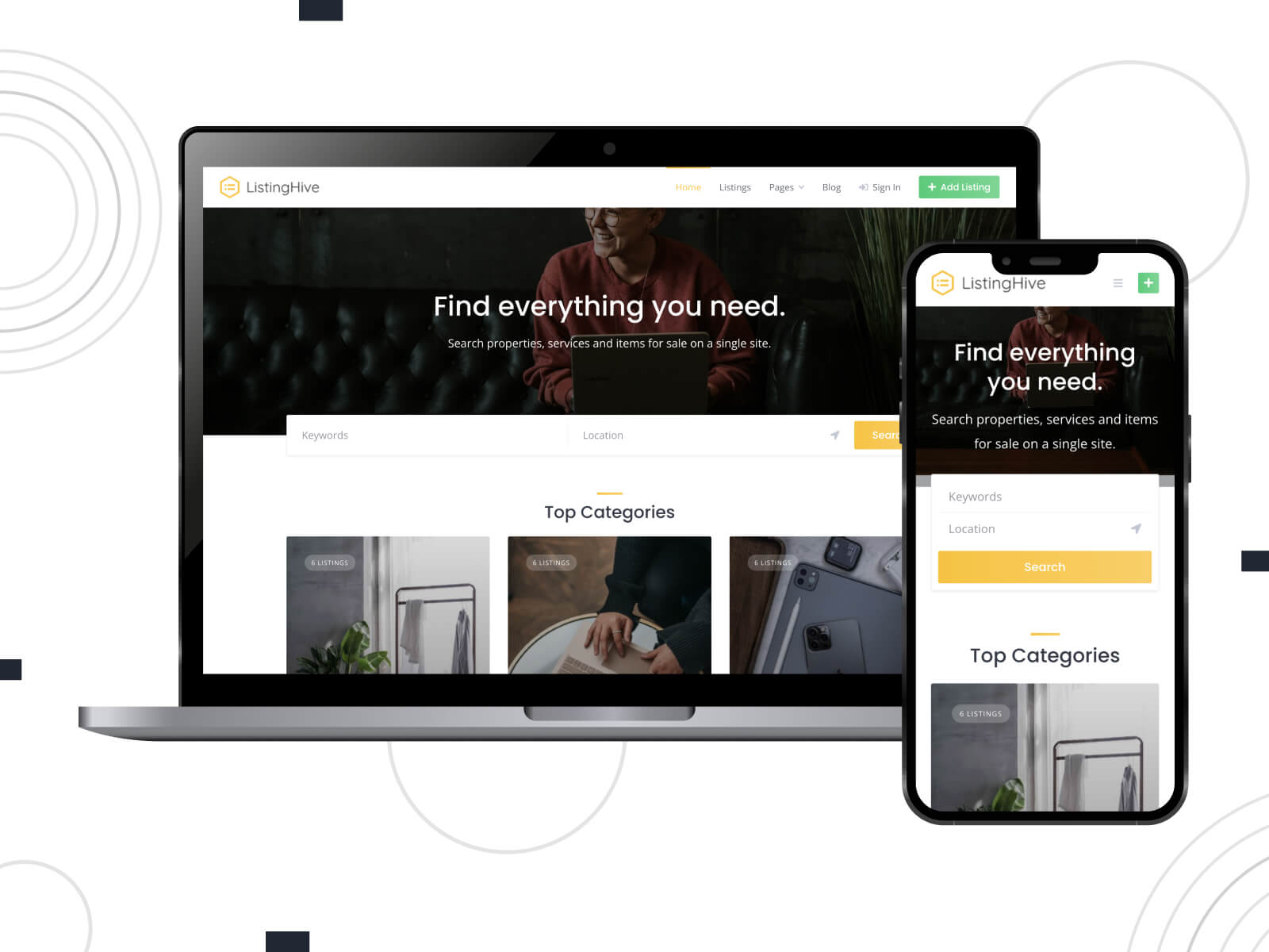 Collage of ListingHive - dim, inviting, easy navigation WordPress theme for online directories with location maps in gray, sandy brown, and light slate gray color mix.