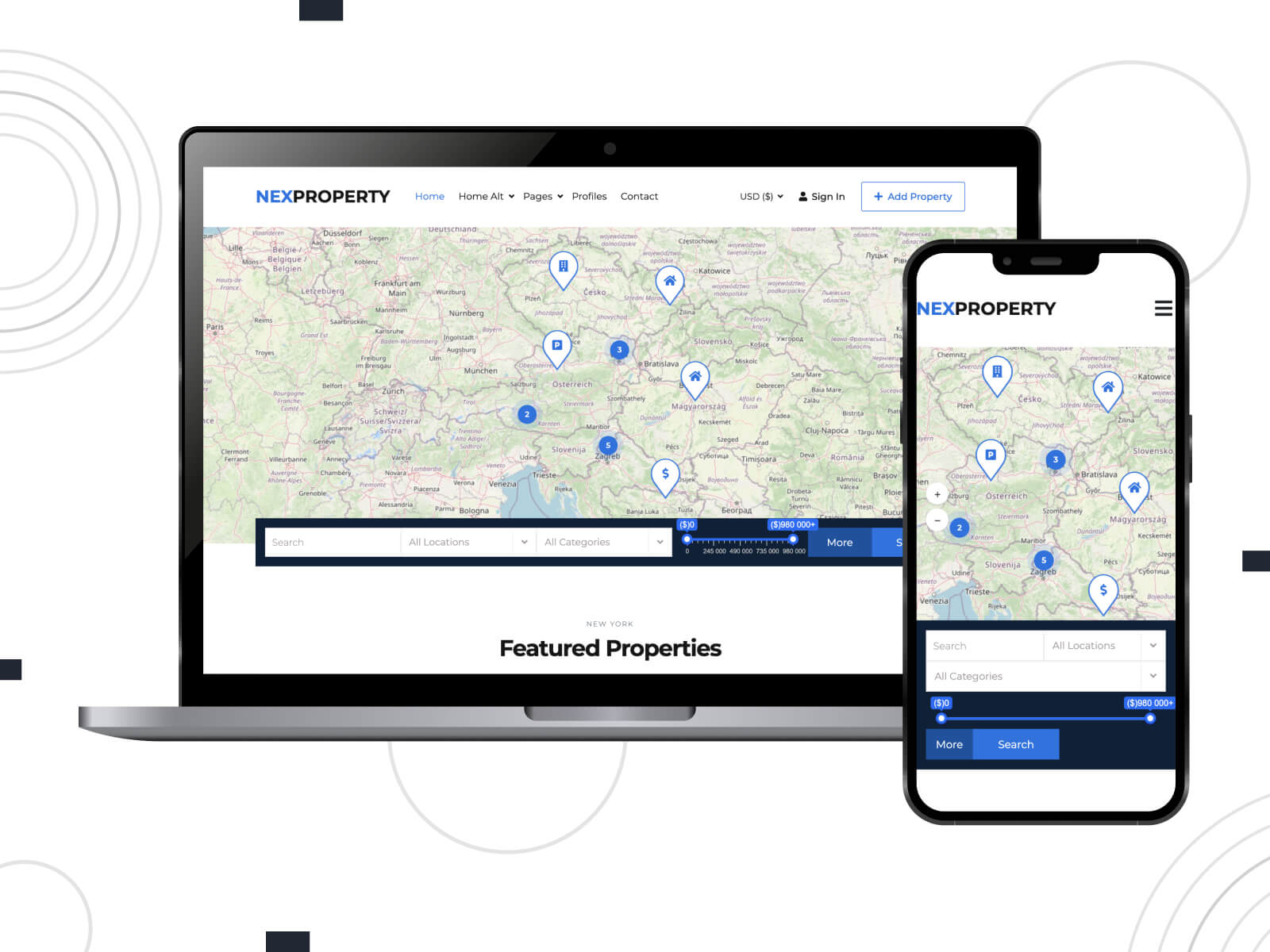 Illustration of NexProperty - light, warm, flexible WordPress directory theme for business listings in dim gray, corn flowerblue, and royal blue color combination.