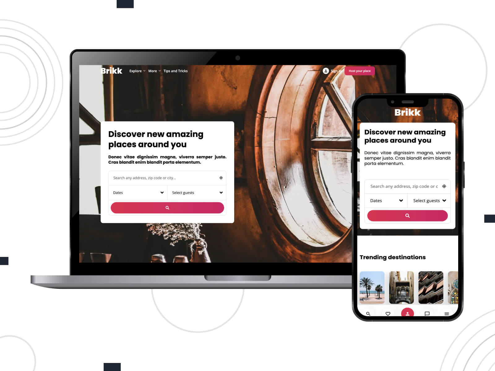 Illustration of Brikk - luminous, warm, innovative directory theme for WordPress with front-end submission in sienna, light gray, and indian red color palette.