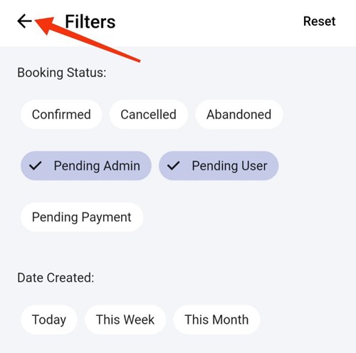 hotel mobile application filters applied