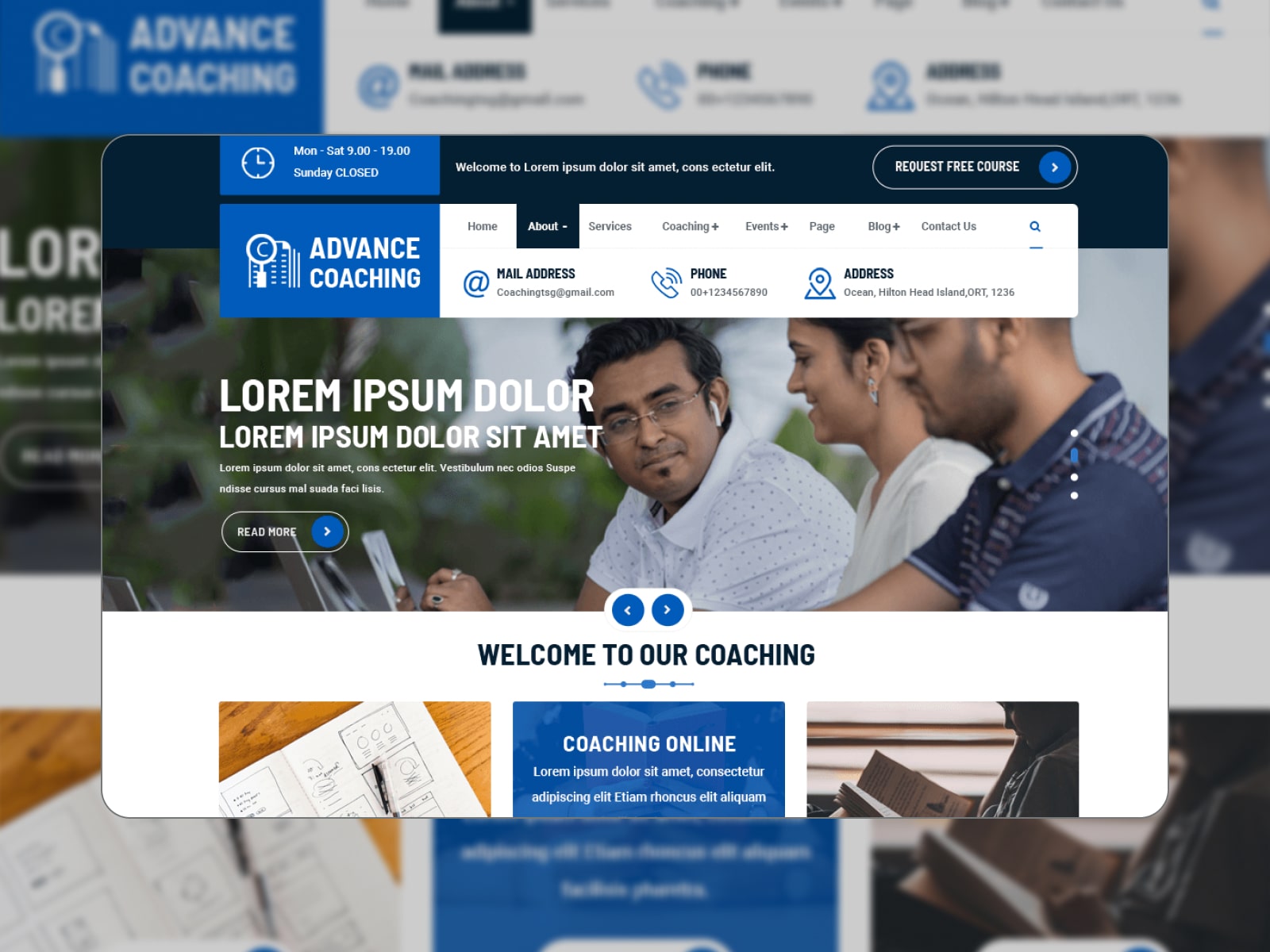 Collage of the Advance Coaching WordPress demo website in blue and white colors.