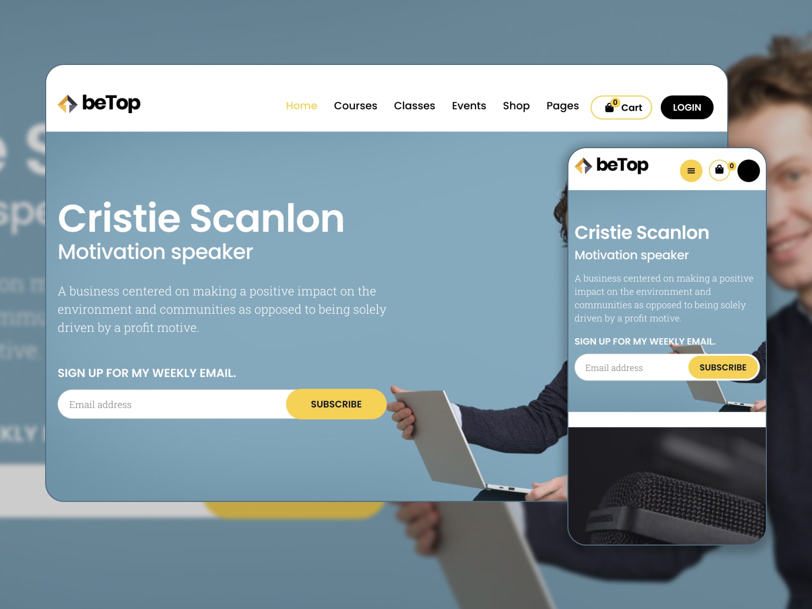 Collage of the BeTop WordPress theme for coach websites in blue, white and yellow colors.