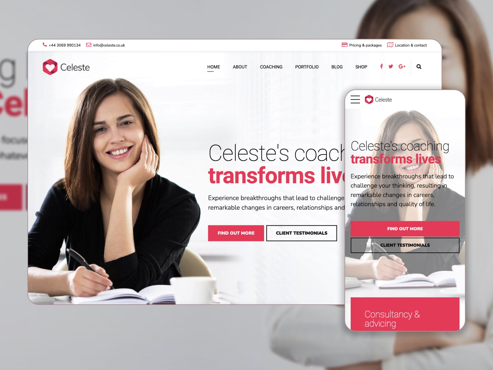 Collage of the Celeste WordPress coach theme demo page in white, red and grey colors.