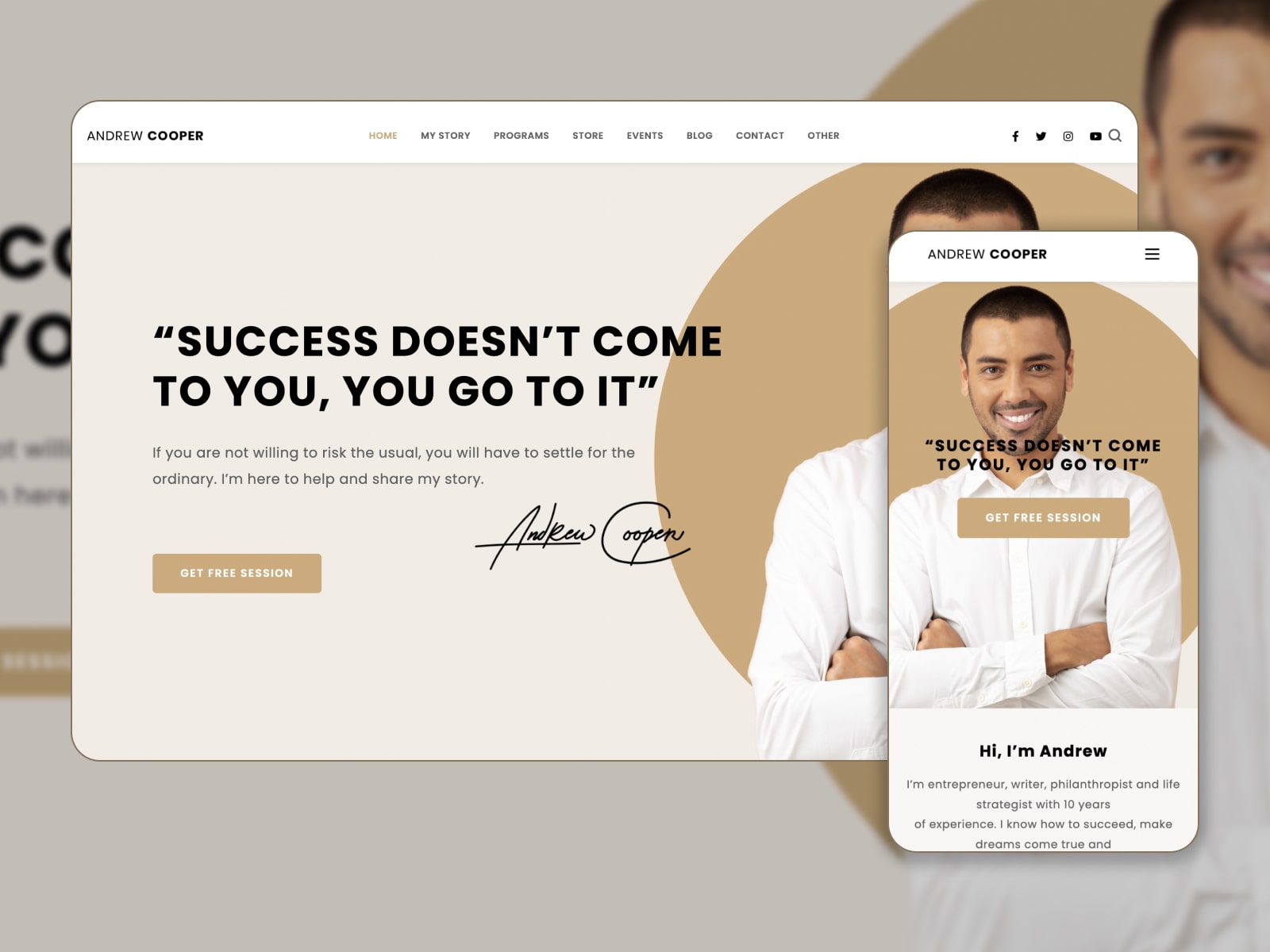 Collage of the Leadership WordPress template for coaches in white and beige colors.