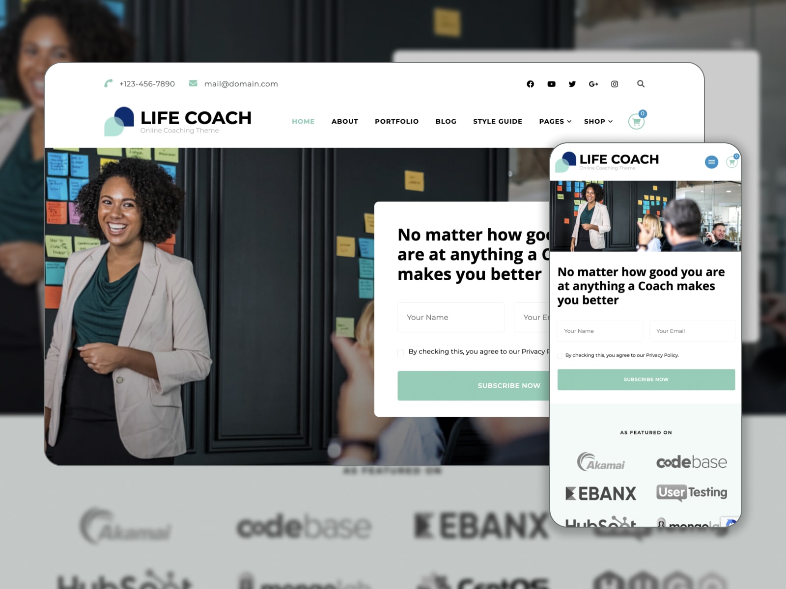 Collage of the Life Coach free WordPress theme demo page in white and green colors.