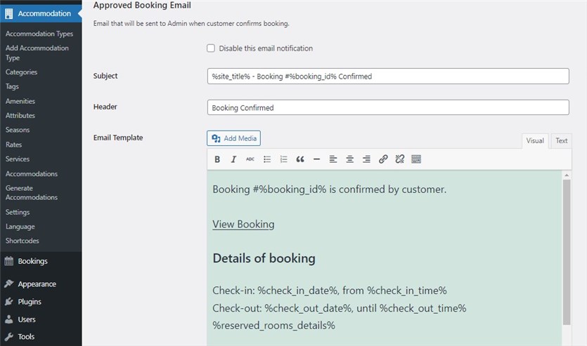 admin approved booking email template