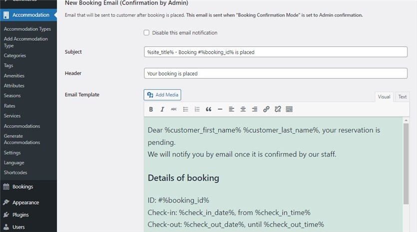 new hotel booking email confirmation confirmed by admin for customers