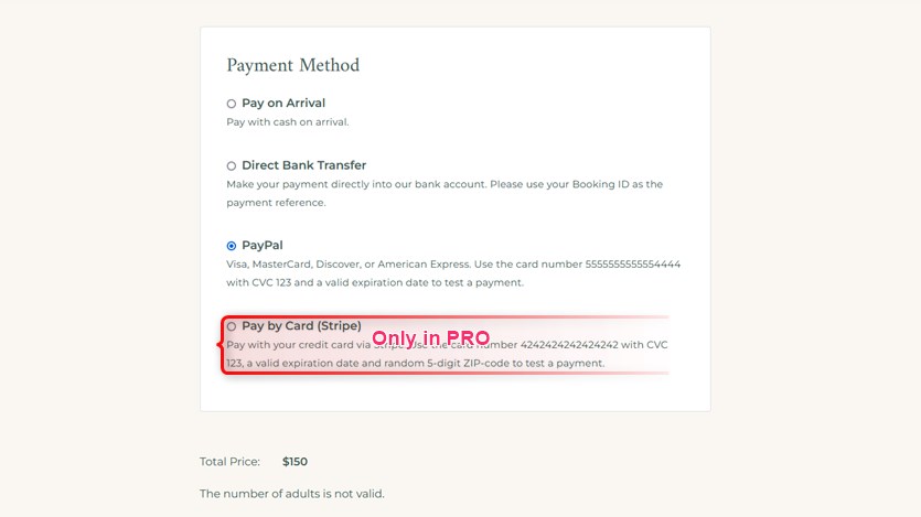 payment methods hotel booking plugin