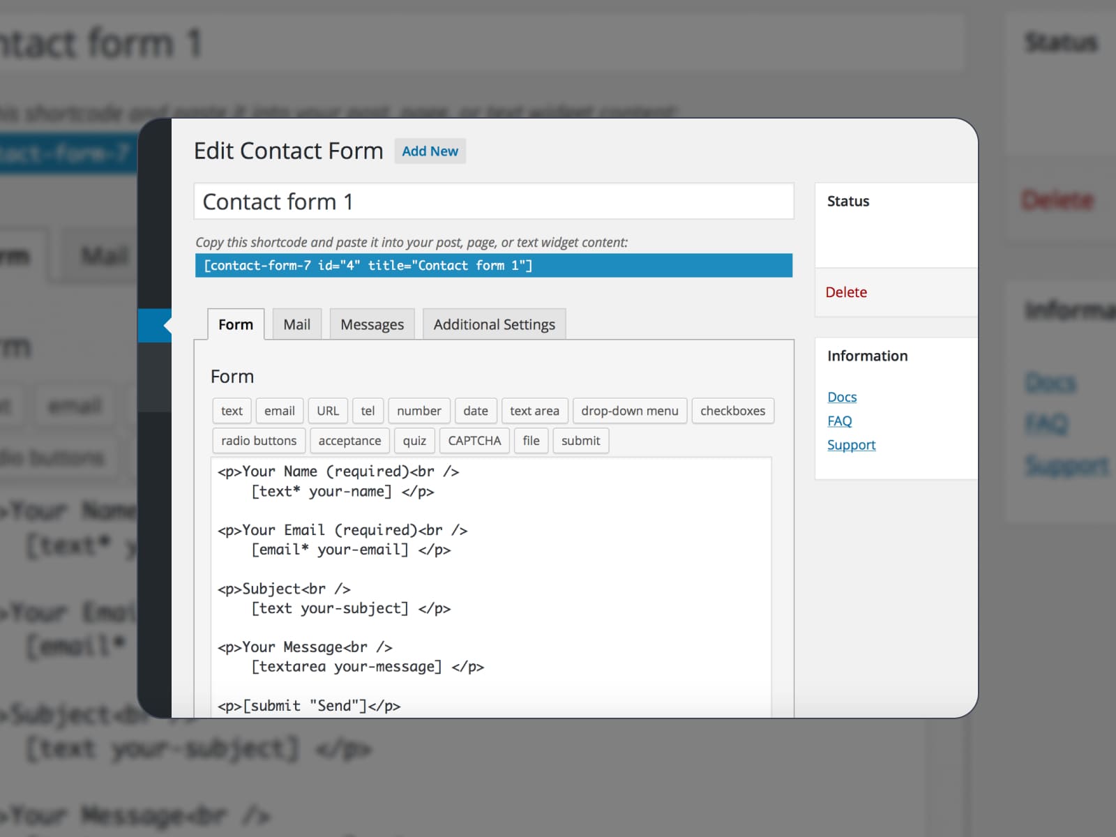 Image of the Contact Form 7 WordPress admin dashboard.