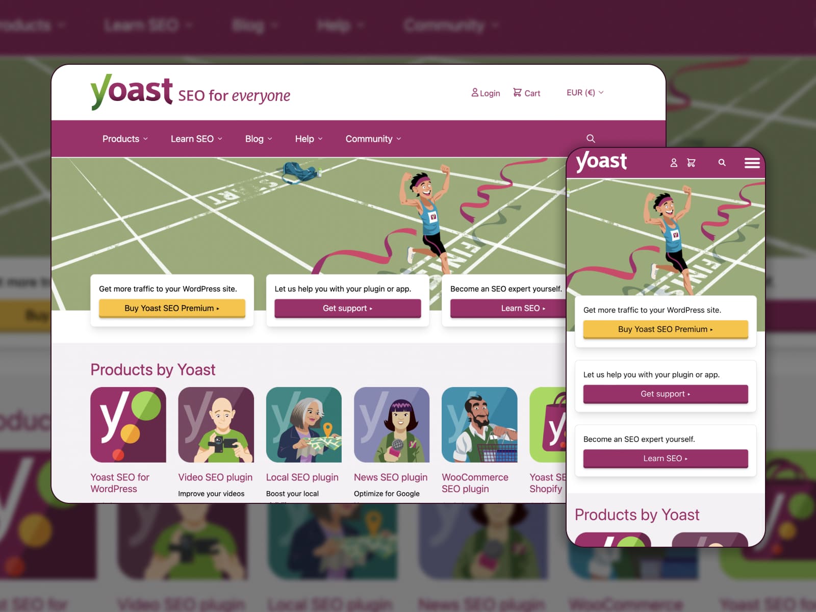 Yoast SEO collage, designed with green and violet colors. 