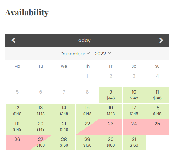hotel booking price in availability calendar