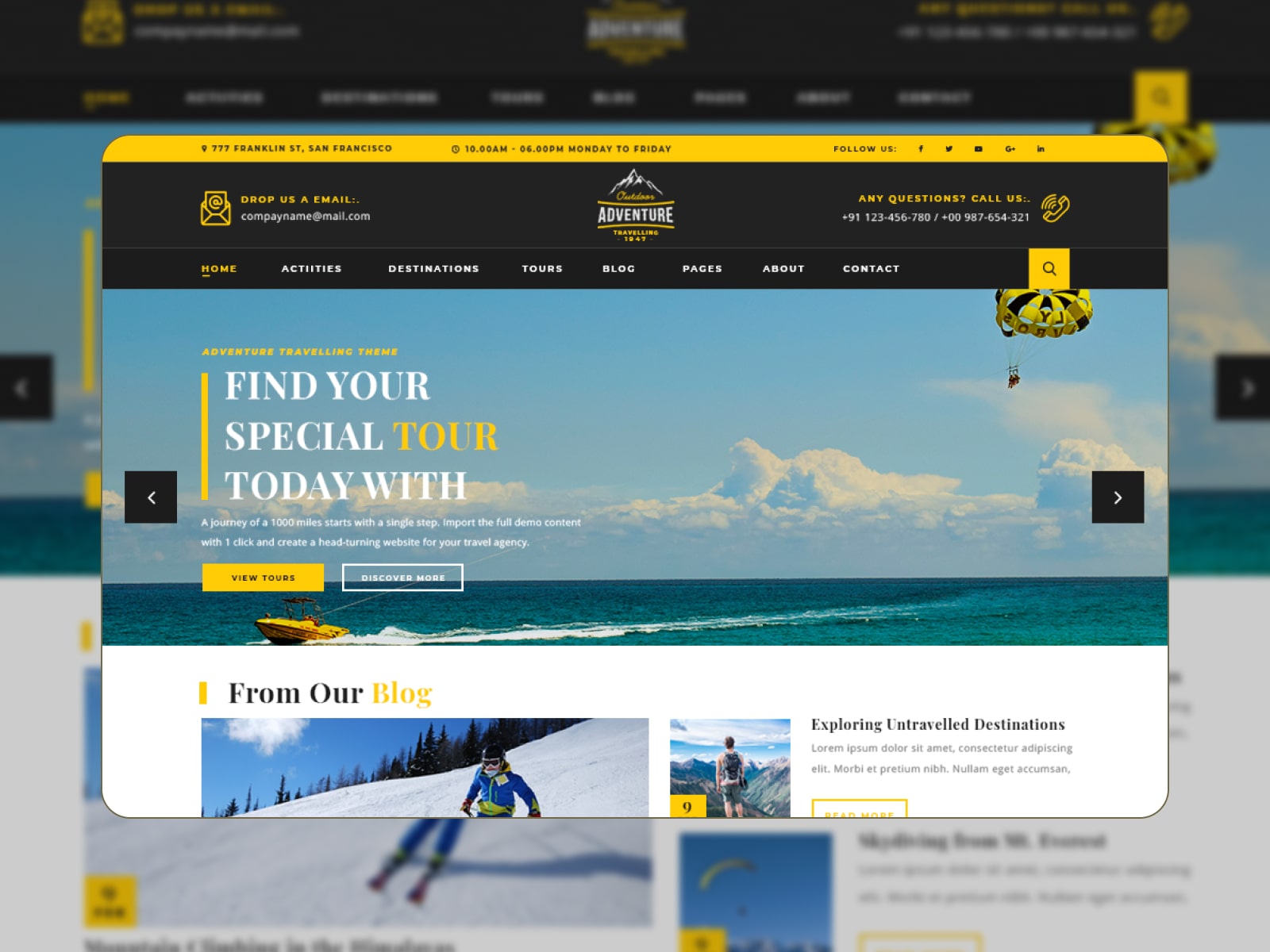 Collage of the Adventure Travelling free template for travel agency site in blue, white and black colors.