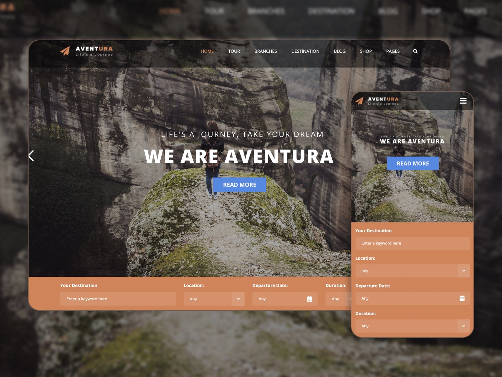 Collage of the Aventura theme demo for WordPress travel agency websites in brown, blue and white colors.