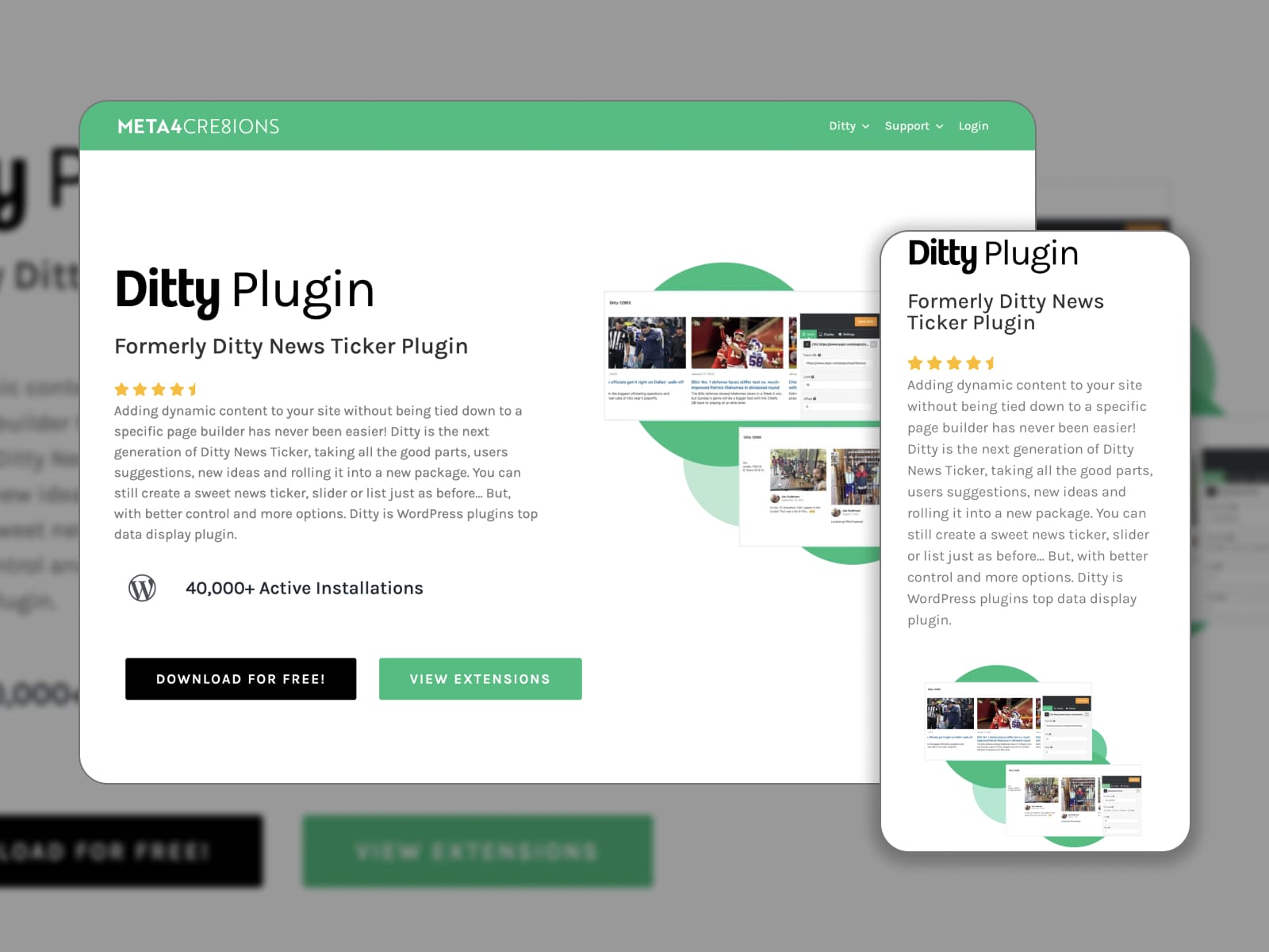 Homepage of the Ditty WordPress plugin for news site made in white and green colors.