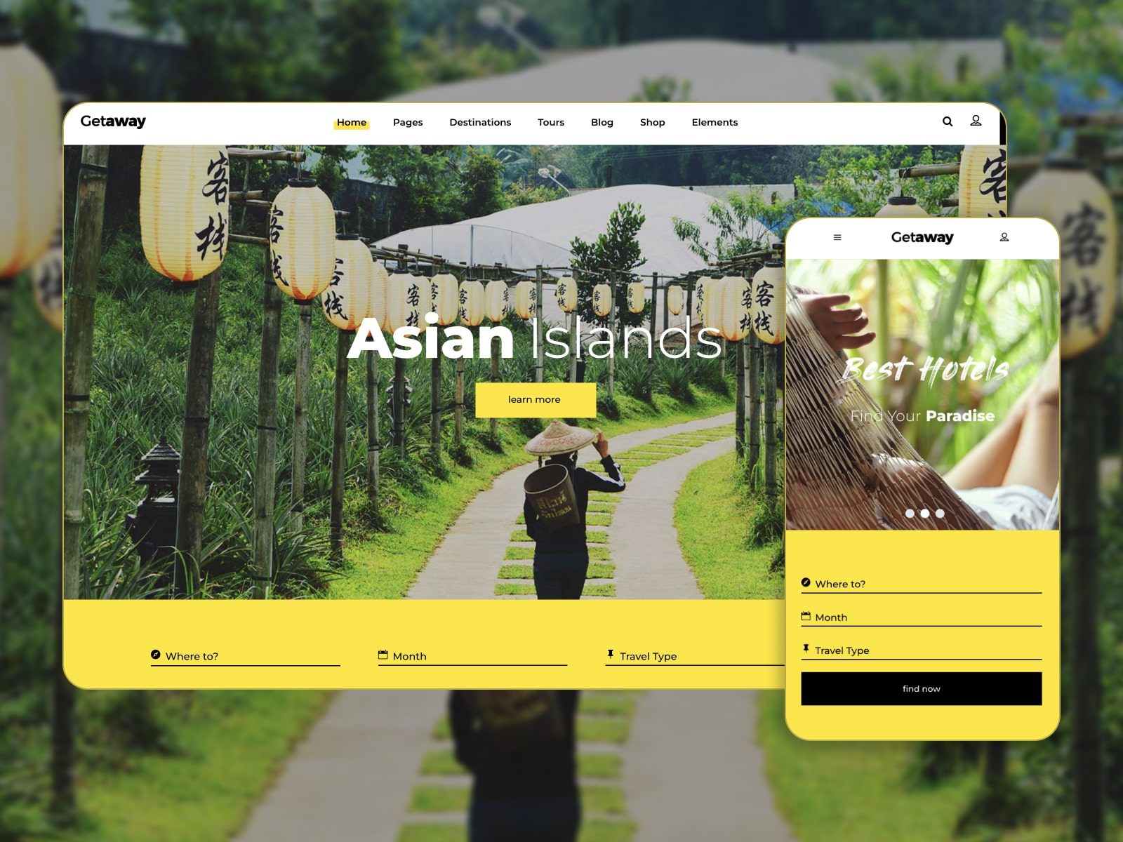 Collage of the Getaway WordPress travel theme in green, yellow and white colors.