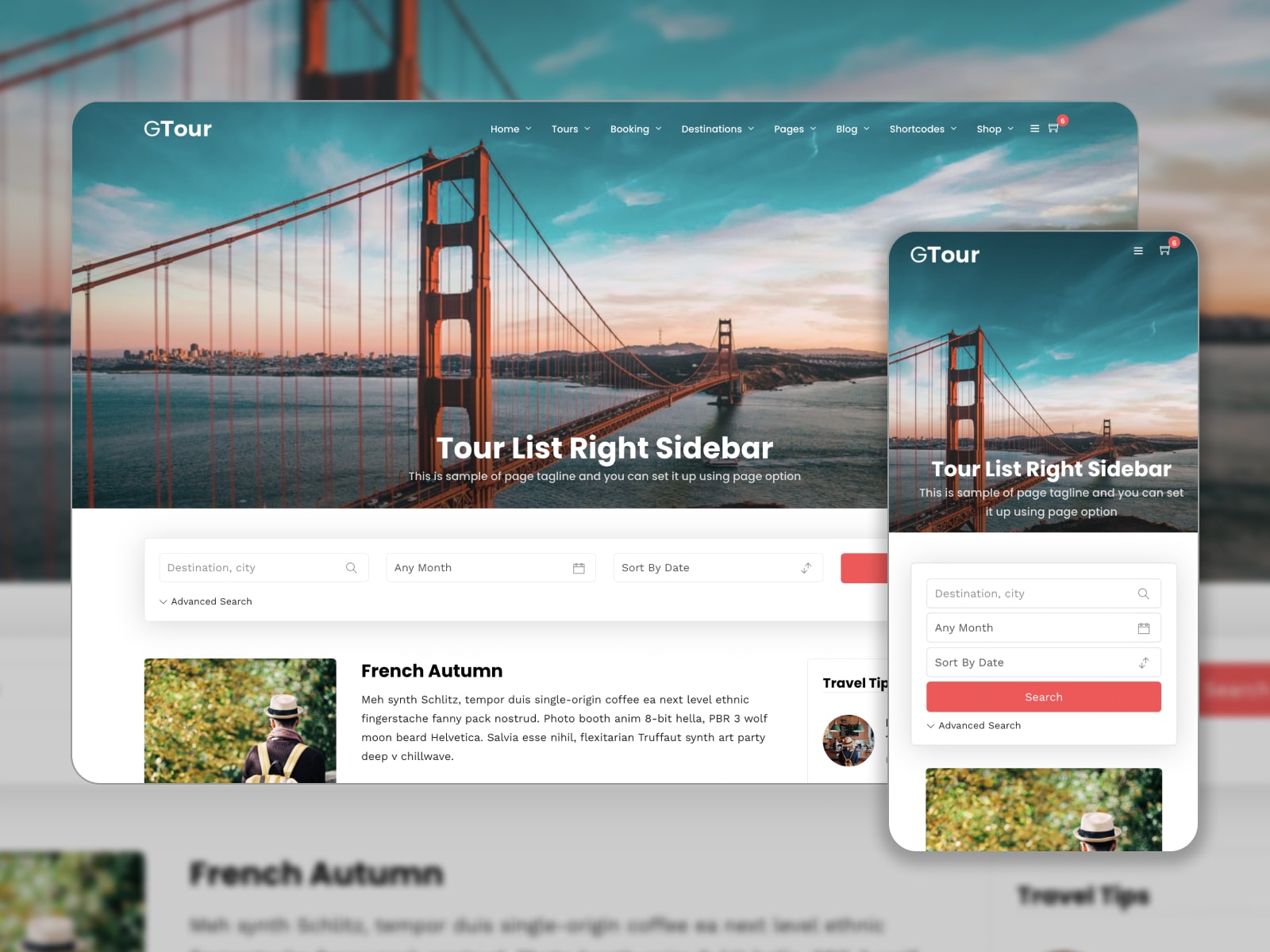 Collage of the Grand Tour travel booking WordPress theme demo.