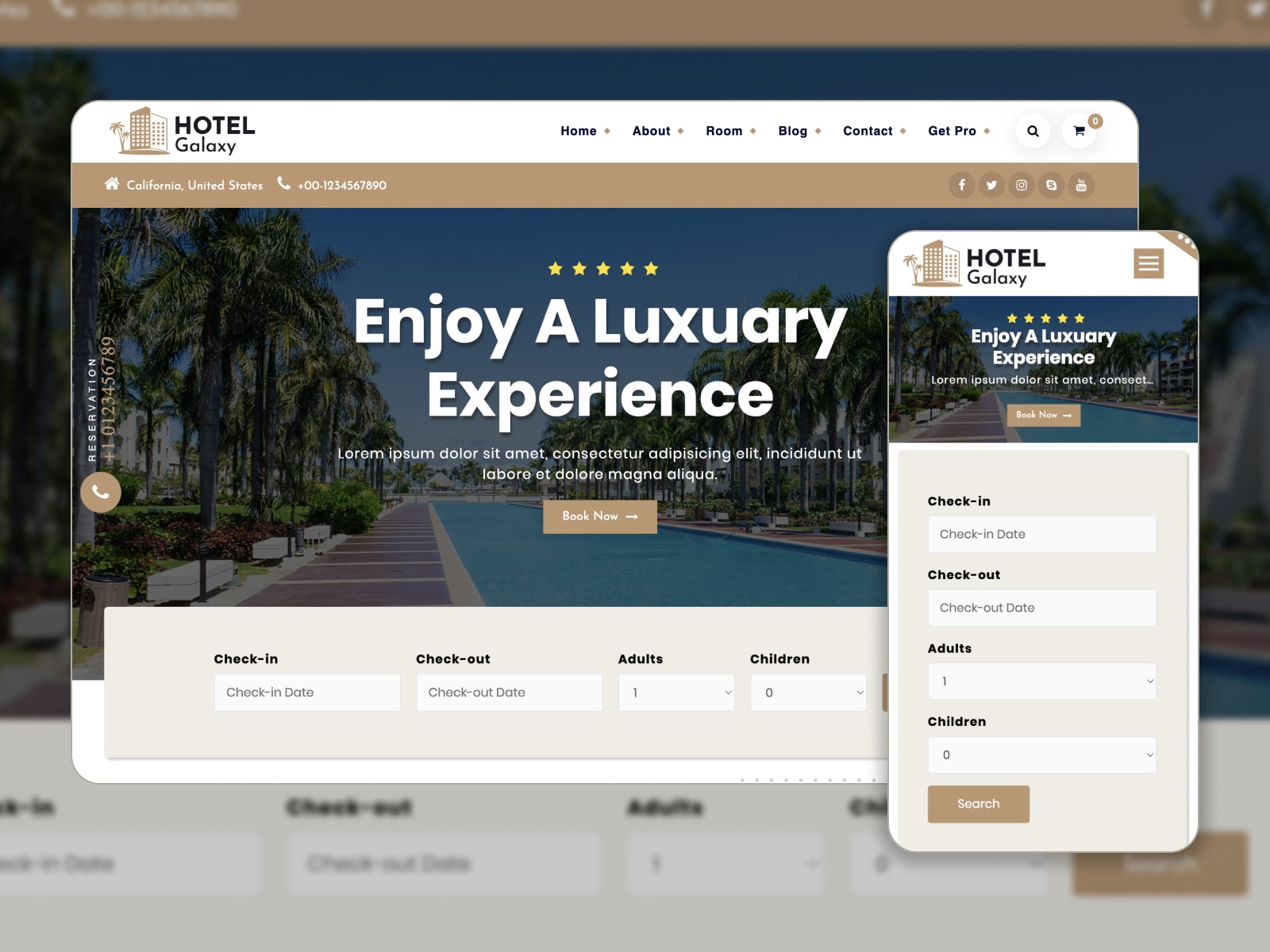 Collage of the Hotel Galaxy free WordPress theme for hotel websites in blue, beige and white colors.