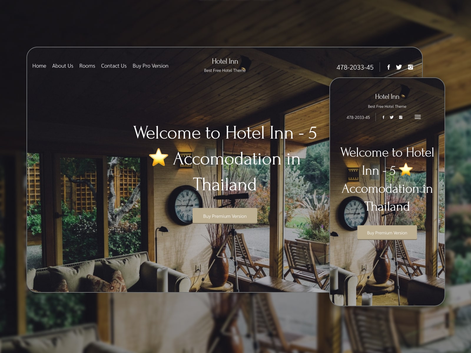 Collage of the Hotel Inn free theme for WordPress hotel websites in brown and beige colors.