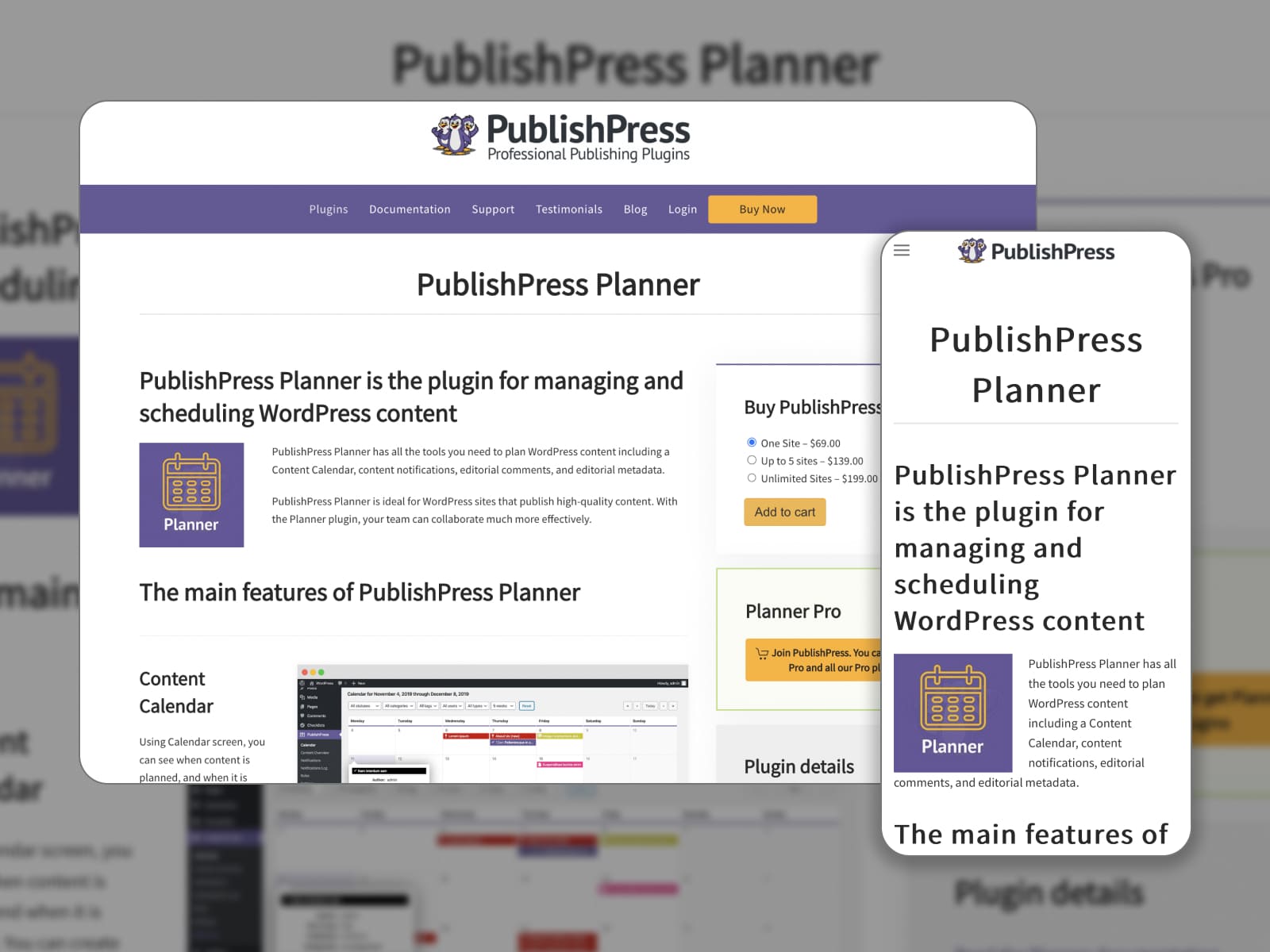 Collage of the PublishPress news planner plugin main features page.