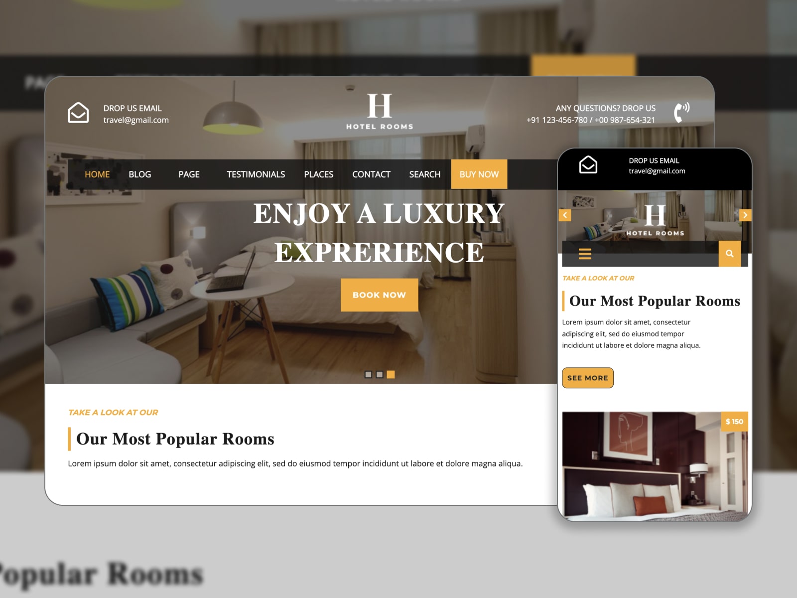 Collage of the Resort Hotel Booking theme demo page for WordPress free websites in brown, yellow and white colors.