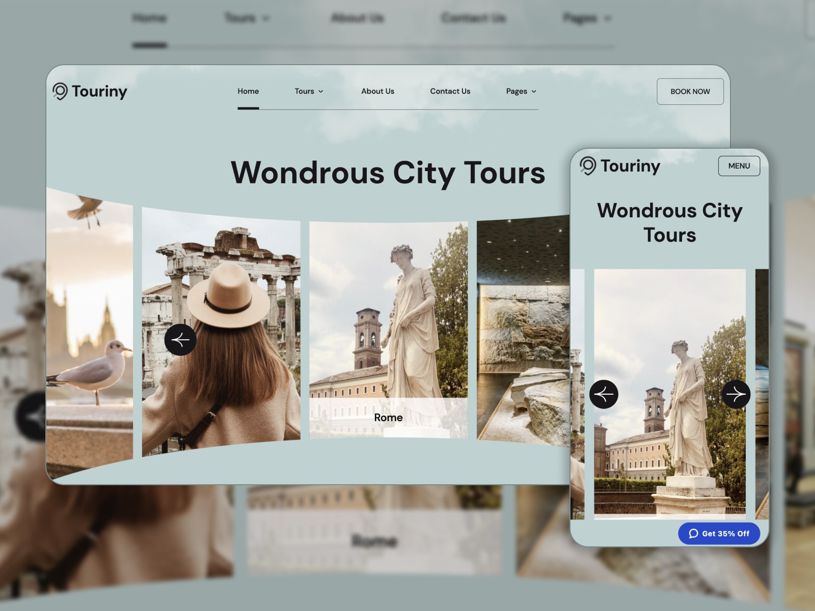 Collage of the Touriny travel agency WordPress theme demo page in blue, beige and grey colors.