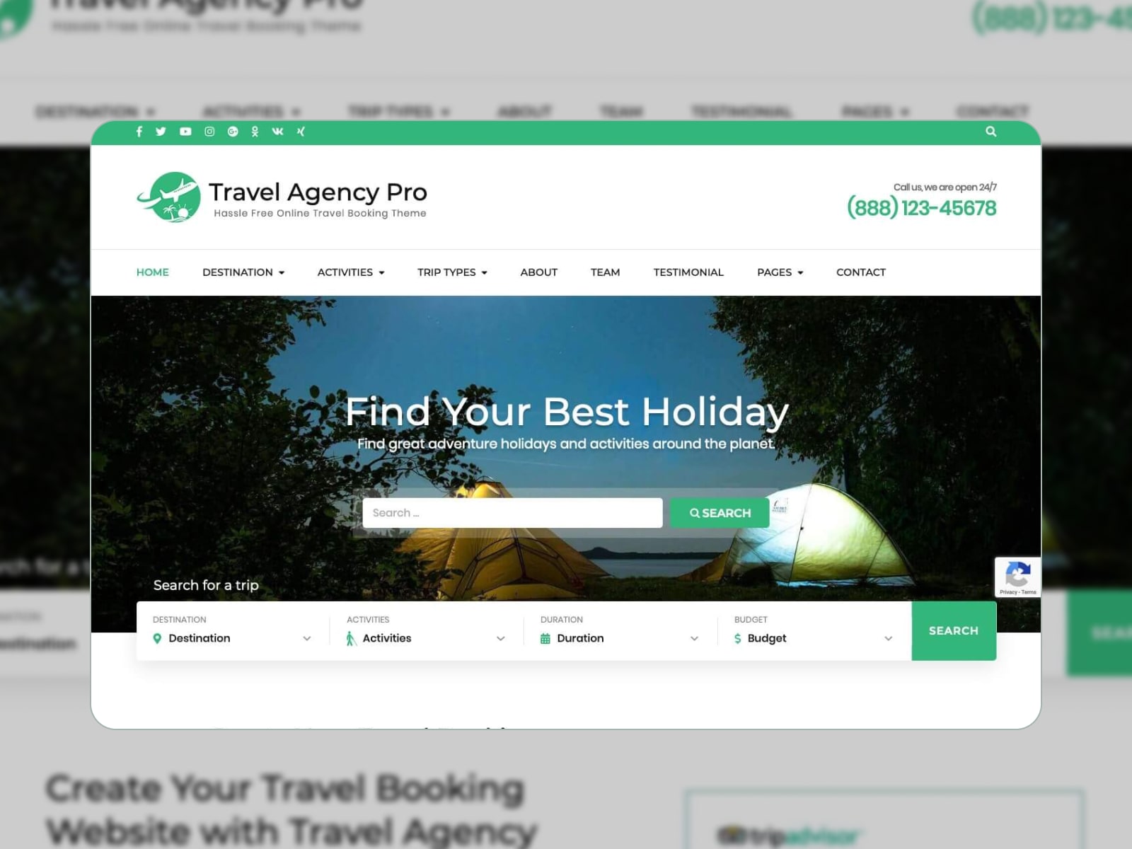 Collage of the Travel Agency free WordPress theme in white, green and blue colors.